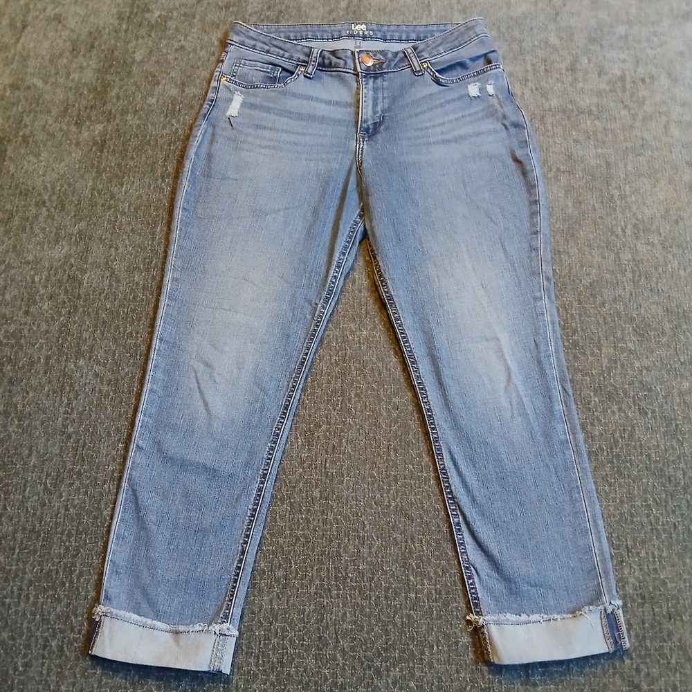 Lee Riders Mid Rise Distressed Boyfriend Jeans Light Wash Cuffed Hem Blue 14M